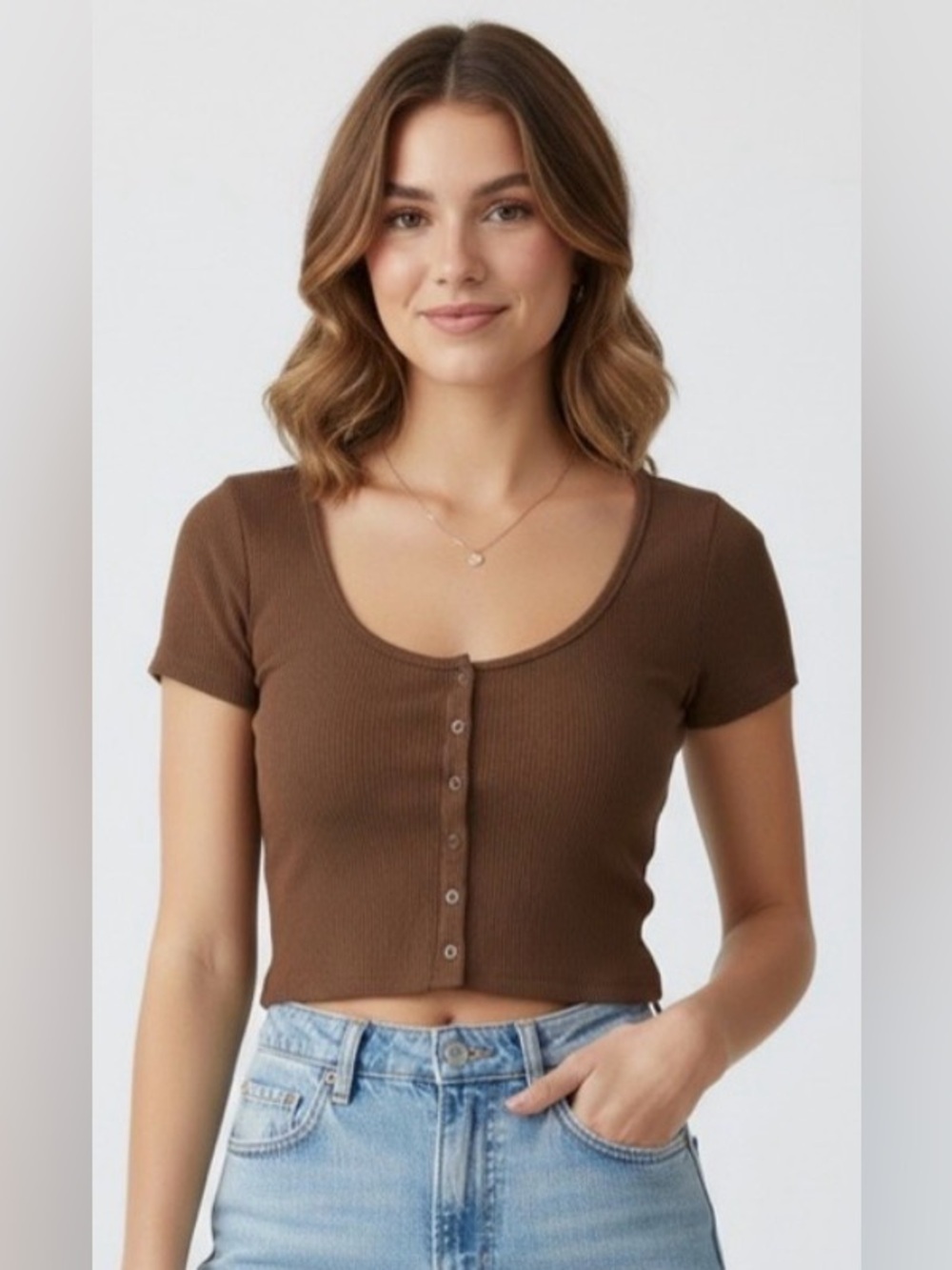 Aeropostale Y2K Brown Ribbed Buttoned Scoop-Neck Cardigan Tee Size Small